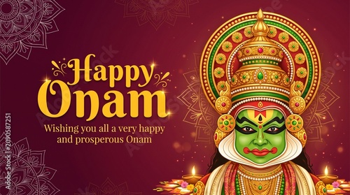 Happy Onam Festival Banner Vector Illustration with Kathakali Dancer Face Mask, Traditional South Indian Kerala Harvest Festival Greeting Card Design with Diya Oil Lamps and Mandala Background