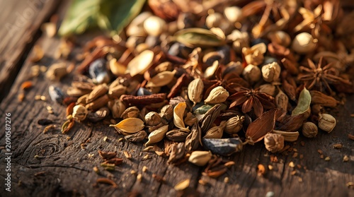 Close-up of dried herbs and spices spread on a wooden table