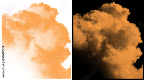 Orange smoke explosion on white and black background, cinematic fire cloud texture, abstract orange dust blast for design overlays and compositing