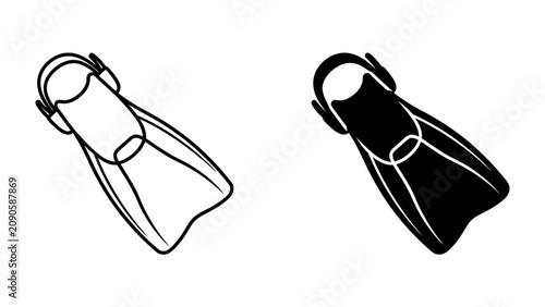 Canvastavla Scuba Diving Fins Icon: A minimalist vector illustration showcasing a pair of scuba diving fins, presented in both outline and solid black, symbolizing aquatic exploration and water sports