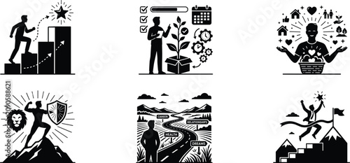 Personal Growth Strategy and Life Goals Milestone Icon Set Featuring Success Metrics and Overcoming Adversity