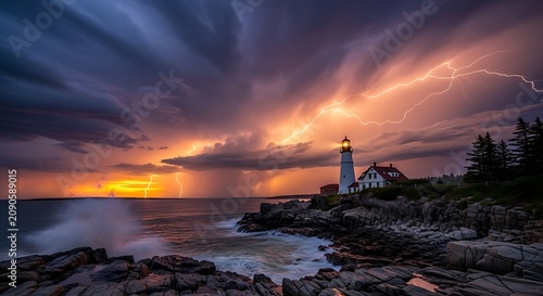 Illuminated Coastal Lighthouse Standing on Rocky Shore During Dramatic Lightning Storm