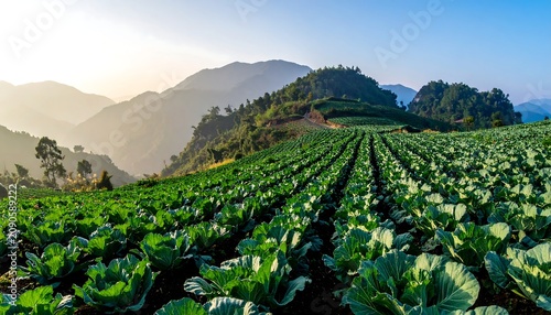 A vibrant sunrise casts a golden glow over lush green fields of cabbages on a hillside, with mountains in the background