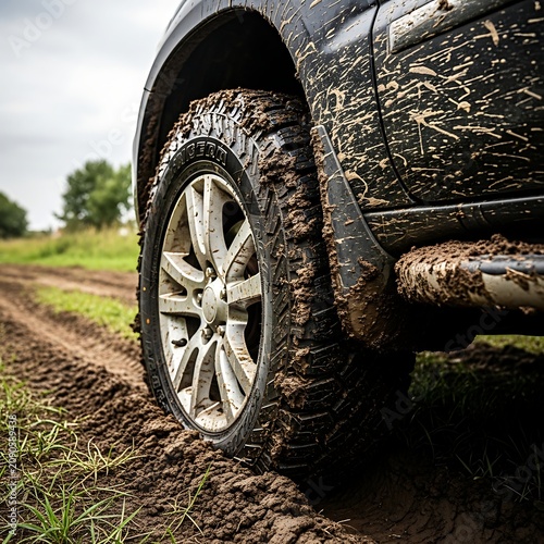 Muddy Off Road Vehicle Tire Stuck on Rural Dirt Track