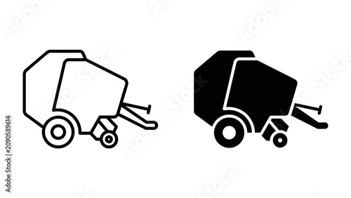 Cuadro en lienzo Baler Icon: A stylized graphic depicting a baler machine, presented in both outline and solid silhouette forms, symbolizing agricultural machinery and farming equipment
