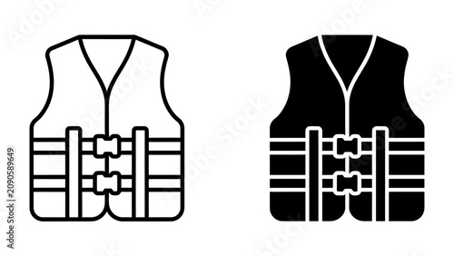 Obraz na plátně Life Vest Icon: A clear graphic representation of a life vest, shown in both outline and solid black, highlighting its safety features