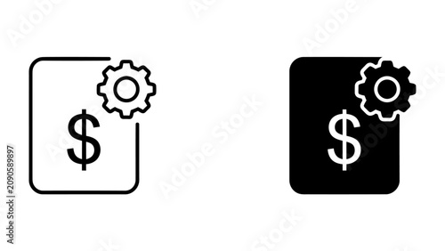 Foto Financial Management Icon: A clean, modern icon representing financial management, with a dollar sign enclosed in a rectangle and a gear icon symbolizing processes and optimization