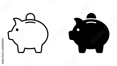 Bild auf Leinwand Piggy Bank Icon: A simple line drawing and a solid silhouette of a piggy bank, both with a coin slot and a coin ready to be deposited, symbolizing saving and financial security