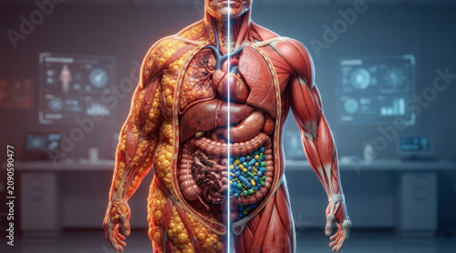 Split body scientific illustration of obesity reversal, with one side dense with lipid droplets and inflamed tissue while the other side reveals lean muscle fibers, healthy organs, and balanced gut