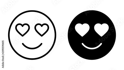 Tableau sur toile In Love Icon: A simple and expressive icon of a smiling face with heart-shaped eyes, available in both outline and solid black versions, representing love and affection