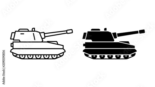 Фотография Combat Tank Icons: A stark graphic representation of a modern combat tank, depicted in both outline and solid black silhouette, symbolizing military power and armored warfare