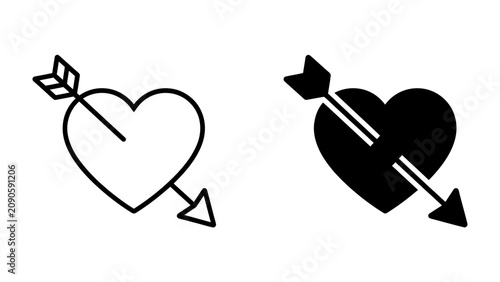 Photography Heart with Arrow Icon: Two stylized icons representing a heart pierced by an arrow, symbolizing love, passion, or a broken heart, presented in both outline and solid silhouette