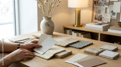 Interior designer at a worktable comparing matte paint sample cards, boucle fabric swatches, and stone tile chips, with a ceramic vase and brass lamp softly blurred behind, neutral studio light.