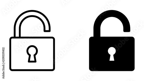 Fotografie Unlock Symbol: Two open padlock icons, one outlined and one solid black, representing security, access, and freedom