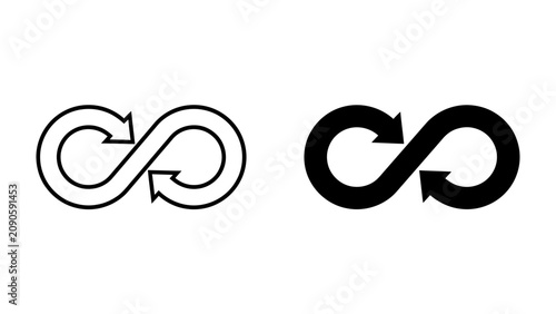 Photos Infinity Loops Graphic Resource: Two stylized infinity symbols, one outlined and one solid black, represent the concept of endless cycles and eternal repetition, perfect for design projects