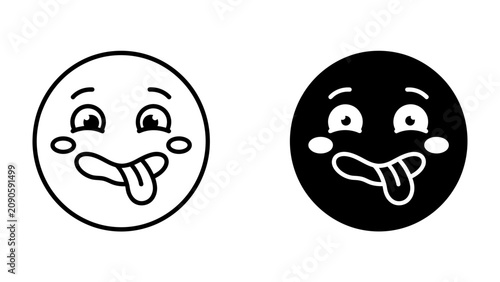 Fotografie Goofy Emoticon Duo: Two playful circular faces, one outlined and the other in black, with wide eyes and tongues sticking out, convey a silly and humorous expression
