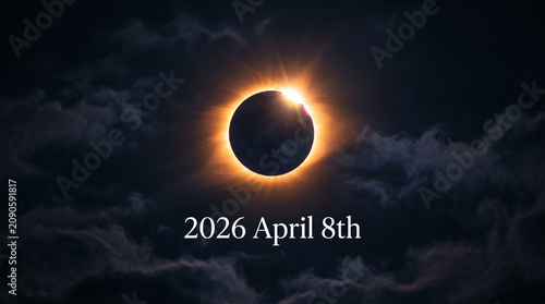 Total solar eclipse 2026 announcement with diamond ring effect in clouds.