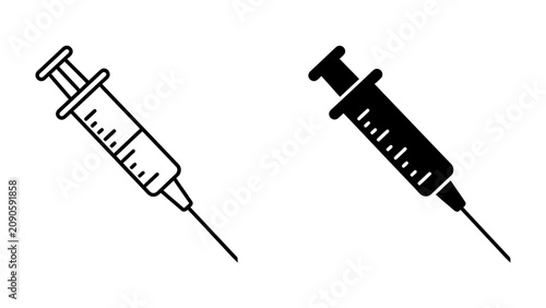 Fotografía Syringe Icon: A medical syringe icon, available in both outline and filled styles, representing medical treatment, vaccination, and healthcare