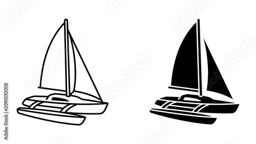 Bild auf Leinwand Catamaran Outline and Silhouette: A graphic representation showing two identical catamarans, one in outline form and the other in solid silhouette, highlighting their sleek design and dual hulls
