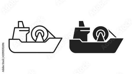 Konstfotografi Fishing Trawler Icon Set: A minimalist collection showcasing two fishing trawler icons, one in outline and the other solid black, symbolizing maritime industry and ocean exploration