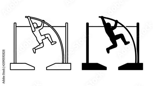 Fotografie Pole Vault Duo: Two stylized illustrations depict a pole vaulter in action, one in outline and the other in silhouette, showcasing the dynamic movement of clearing the bar
