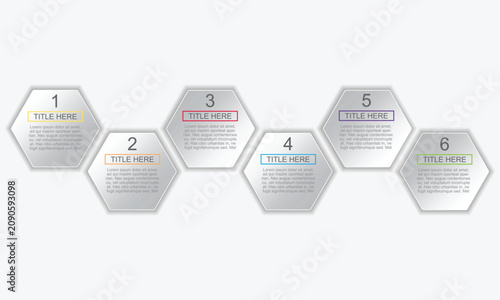 6 hexagon step tab bar timeline infographic. Number timeline. Business data chart, investment goal, marketing challenge, strategy presentation, achievement diagram. vector template