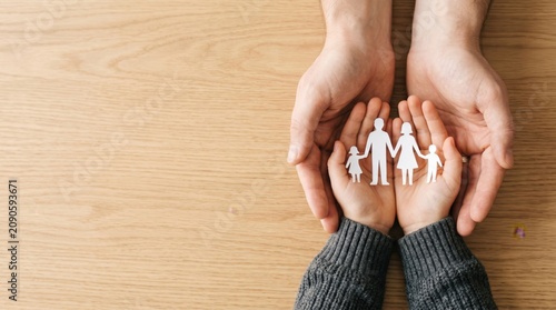Top view of adult hands gently holding small paper cutout family figures, symbolizing parental care, child protection, insurance coverage, social security and loving support for...