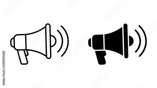 Bild auf Leinwand Megaphone Icon: Two distinct megaphone icons, one outlined and the other solid black, emit sound waves, symbolizing announcements and communication