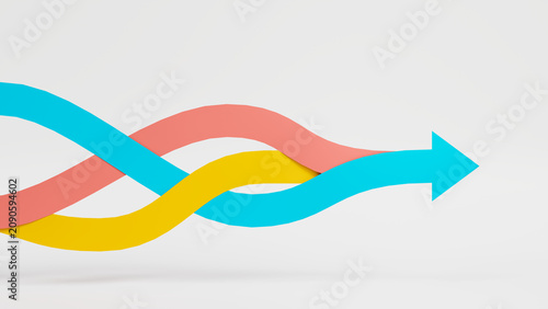 Bild auf Leinwand Three colored ribbons intertwining to form a single pointer arrow, floating over