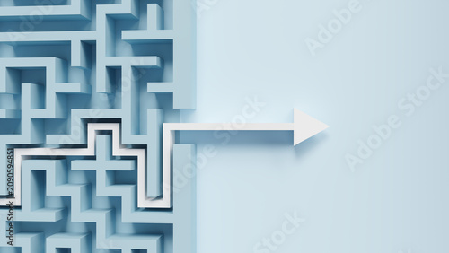 Fotografía White arrow moving through blue labyrinth wall, emerging into open space represe