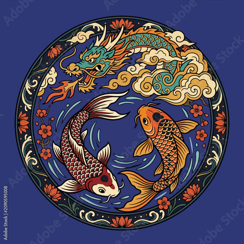 Dragon Koi Fish Yin Yang Circle Art