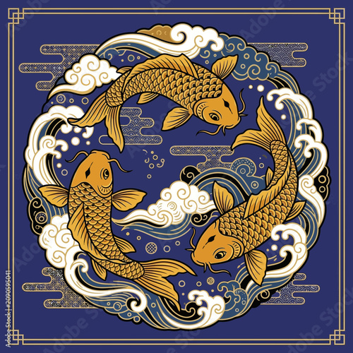 Golden Koi Carp Swimming in Circular Waves - Asian Art
