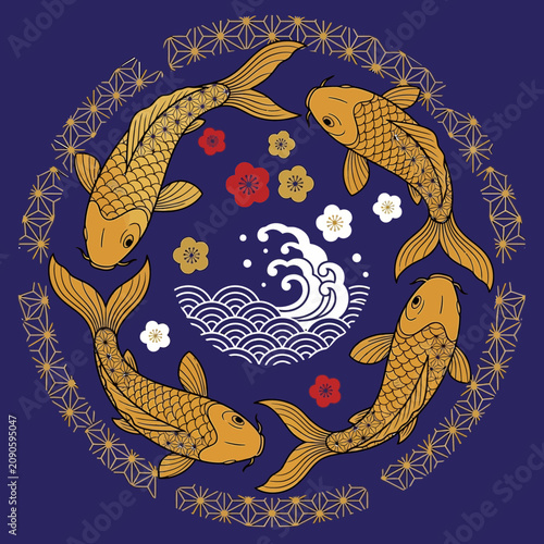Golden Koi Fish Circular Pattern with Waves and Flowers