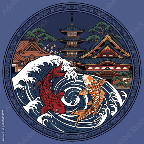 Japanese Koi Fish and Pagoda Temple Surrounded by Waves, Circular Design