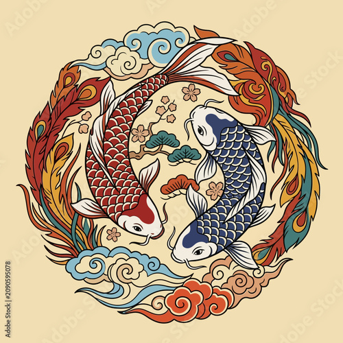Japanese Koi Fish Circle with Feathers and Clouds - Asian Art