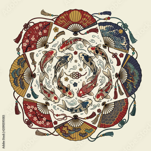Japanese Koi fish and Fans Mandala Circle Art