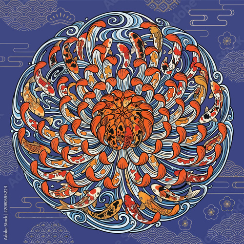 Koi fish and chrysanthemum mandala design on blue background