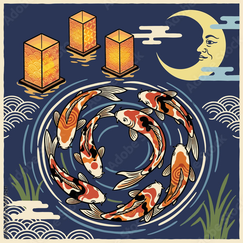 Koi fish circle at night with lanterns and moon