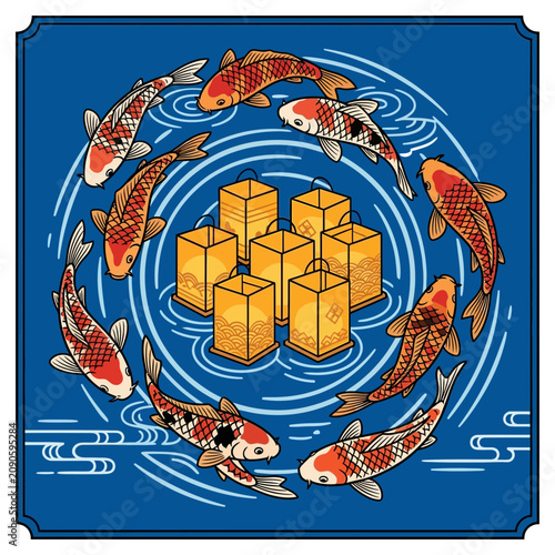 Koi fish circle lanterns blue water illustration