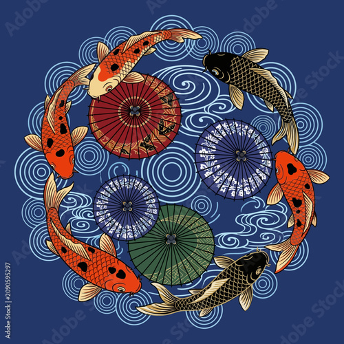 Koi fish circle pattern, Japanese umbrellas, wave motif, artistic design