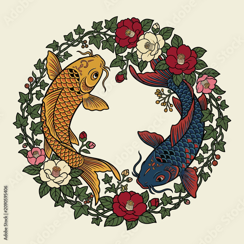 Koi fish circle with floral and vine border, traditional art