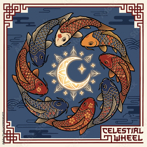 Koi fish circle with moon and stars, ornamental border, celestial theme