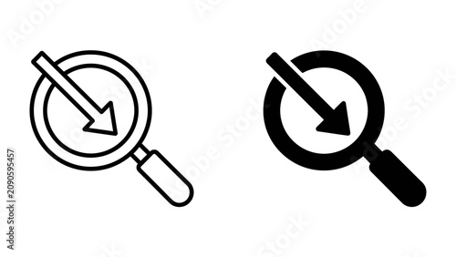 Fotografía Magnifying Glass with Down Arrow Icon: A minimalist graphic representing a magnifying glass with a downward-pointing arrow inside, symbolizing search, decrease, or reduction