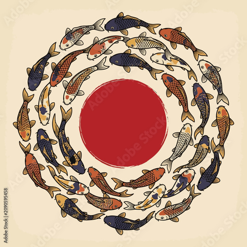 Koi fish circle with red sun symbol on beige background