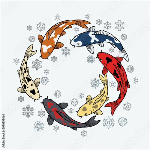 Koi fish circle with snowflakes