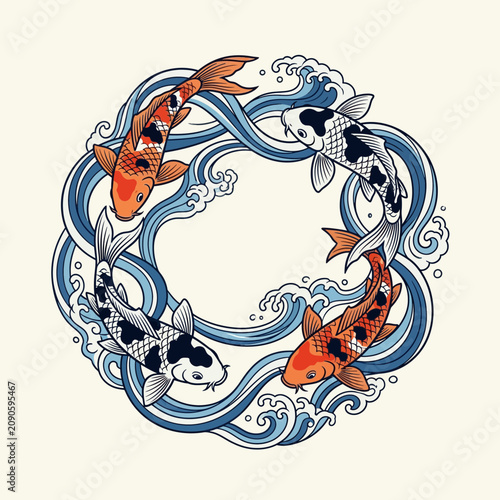 Koi fish circle with waves seamless pattern illustration