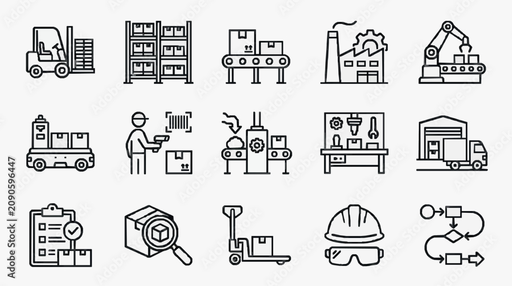 Fototapeta premium Modern Black and White Line Icons Set Featuring Industrial Warehouse and Logistics Equipment with high quality professional line art symbols for modern creative design and digital branding projects