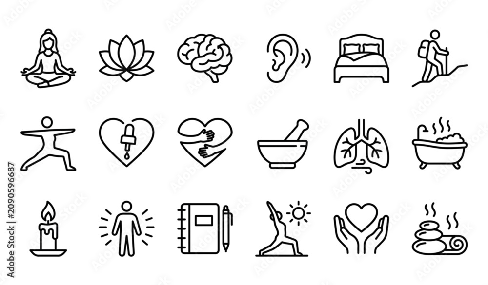 Fototapeta premium Self Care and Meditation Outline Icons – Editable Stroke Mindfulness Vector Collection