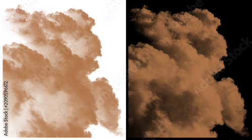 Cinematic brown smoke clouds on white and black backgrounds, thick dust explosion texture, atmospheric sand storm vapor for compositing