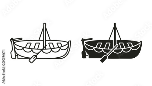 Tableau sur toile Rowboat Icon Set: A simple and clear iconographic representation of a traditional rowboat, shown in both outline and solid fill styles, ready for maritime adventures